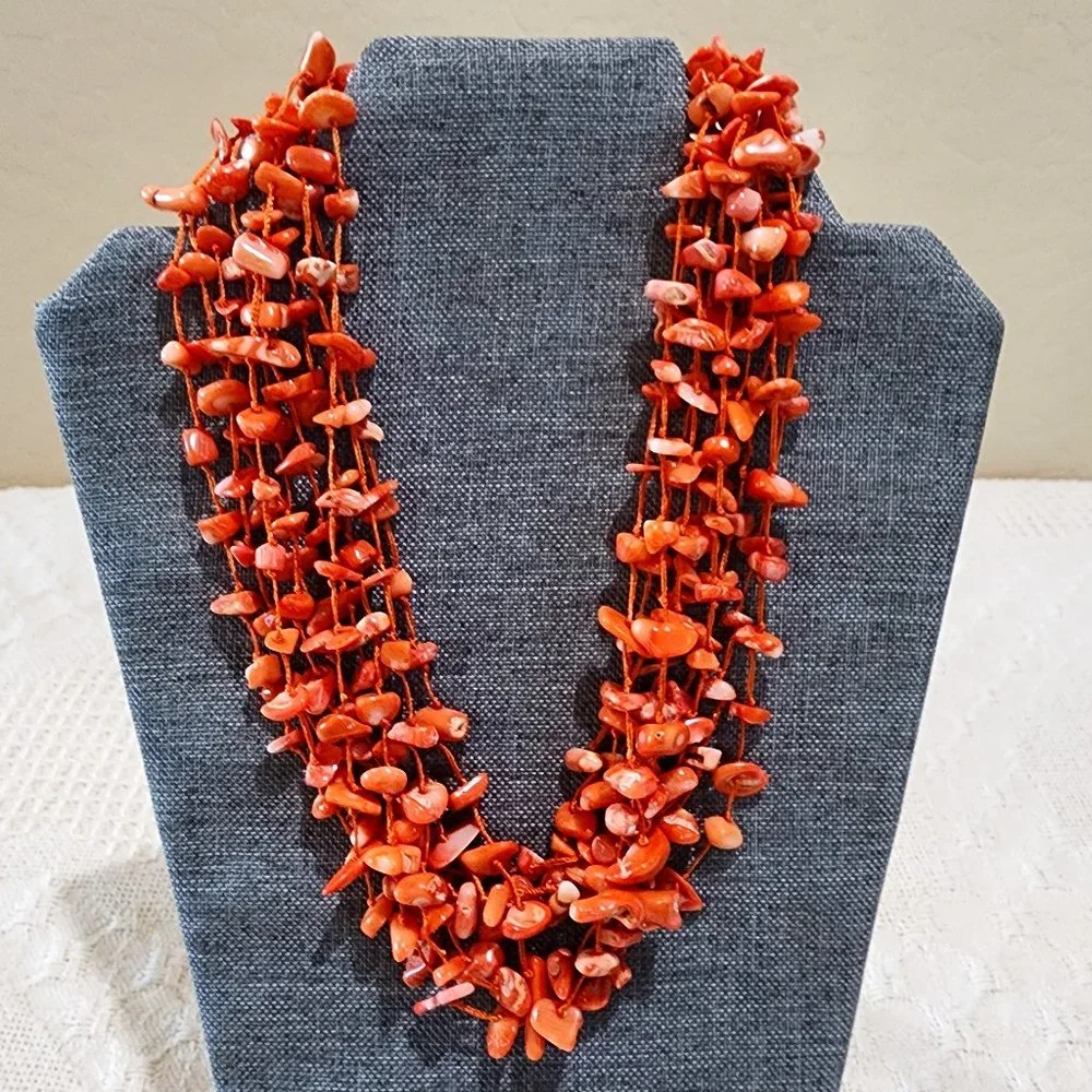 Artisan Mid-Century MCM Orange Coral Abalone Shell 10-Strand Statement Necklace
